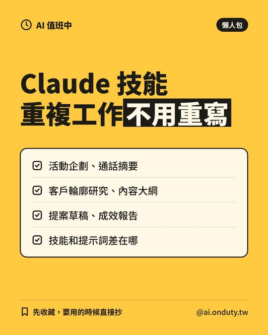 懶人包封面：Claude 技能，重複工作不用重寫
